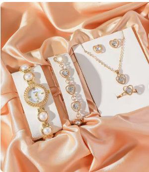 Women Stylish All-match Pearl Bangle Watch Rhinestone Bracelet Necklace Earrings Ring Jewelry Gift Set