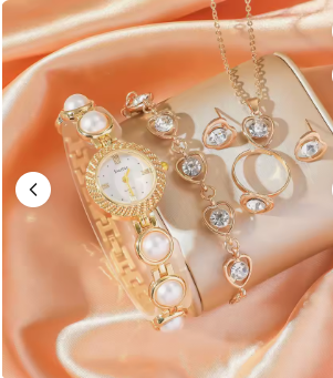 Women Stylish All-match Pearl Bangle Watch Rhinestone Bracelet Necklace Earrings Ring Jewelry Gift Set