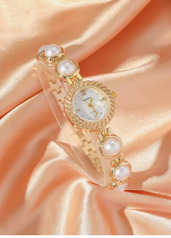 Women Stylish All-match Pearl Bangle Watch Rhinestone Bracelet Necklace Earrings Ring Jewelry Gift Set